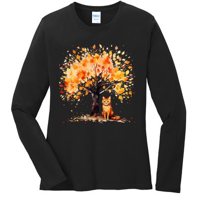 Artistic Fall Tree with Orange Tabby Cat Watercolor Ladies Long Sleeve Shirt