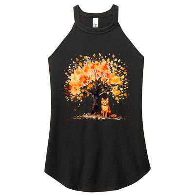 Artistic Fall Tree with Orange Tabby Cat Watercolor Women's Perfect Tri Rocker Tank