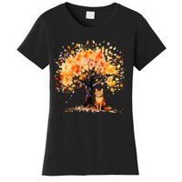 Artistic Fall Tree with Orange Tabby Cat Watercolor Women's T-Shirt