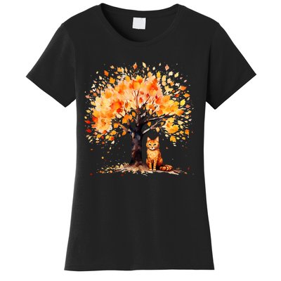 Artistic Fall Tree with Orange Tabby Cat Watercolor Women's T-Shirt