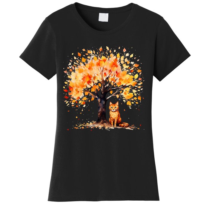 Artistic Fall Tree with Orange Tabby Cat Watercolor Women's T-Shirt