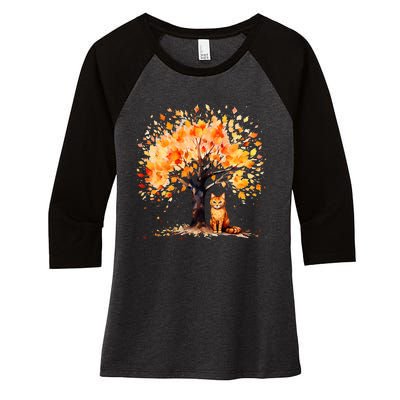 Artistic Fall Tree with Orange Tabby Cat Watercolor Women's Tri-Blend 3/4-Sleeve Raglan Shirt