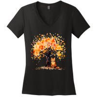 Artistic Fall Tree with Orange Tabby Cat Watercolor Women's V-Neck T-Shirt