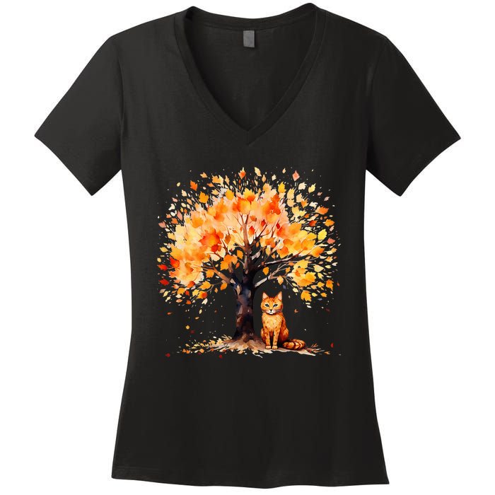 Artistic Fall Tree with Orange Tabby Cat Watercolor Women's V-Neck T-Shirt