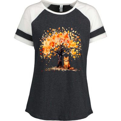 Artistic Fall Tree with Orange Tabby Cat Watercolor Enza Ladies Jersey Colorblock Tee