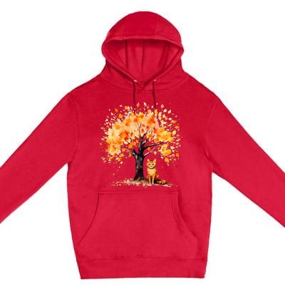 Artistic Fall Tree with Orange Tabby Cat Watercolor Premium Pullover Hoodie