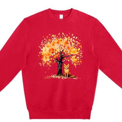 Artistic Fall Tree with Orange Tabby Cat Watercolor Premium Crewneck Sweatshirt