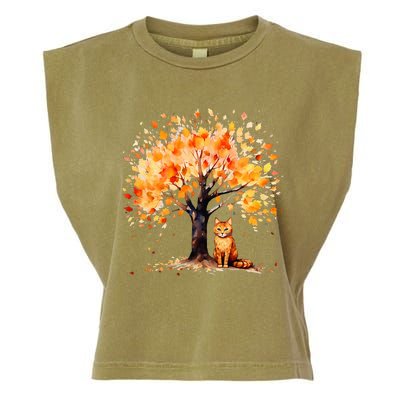 Artistic Fall Tree with Orange Tabby Cat Watercolor Garment-Dyed Women's Muscle Tee