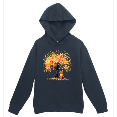 Artistic Fall Tree with Orange Tabby Cat Watercolor Urban Pullover Hoodie