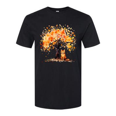 Artistic Fall Tree with Orange Tabby Cat Watercolor Softstyle CVC T-Shirt