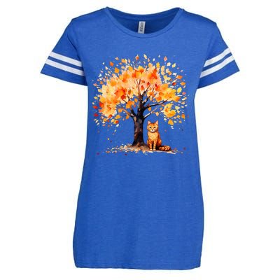 Artistic Fall Tree with Orange Tabby Cat Watercolor Enza Ladies Jersey Football T-Shirt