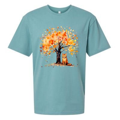 Artistic Fall Tree with Orange Tabby Cat Watercolor Sueded Cloud Jersey T-Shirt