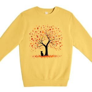 Artistic Fall Tree With Black Cat Watercolor Gift Premium Crewneck Sweatshirt