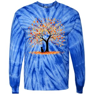 Artistic Fall Tree With Black Cat Watercolor Gift Tie-Dye Long Sleeve Shirt