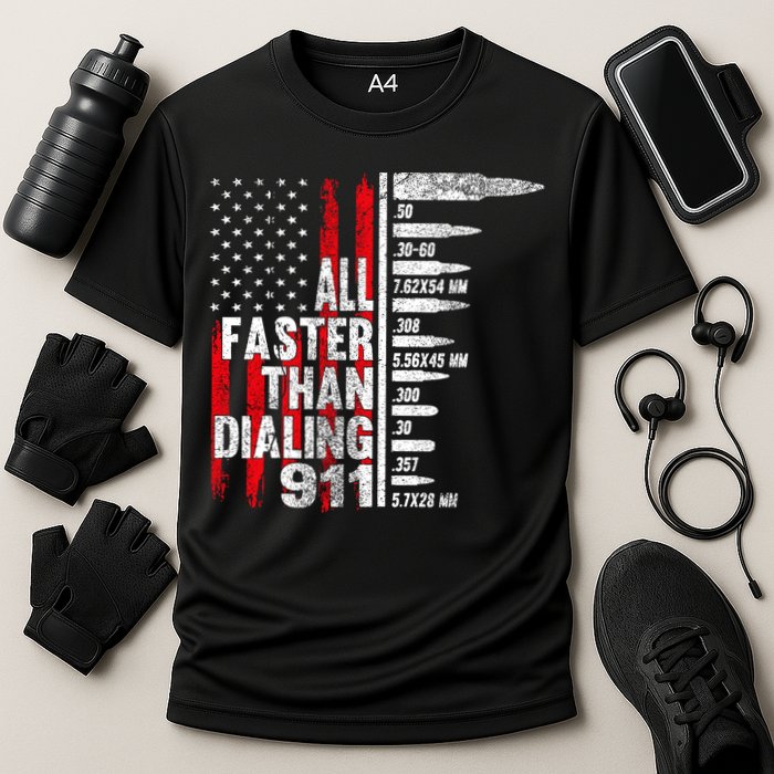 All Faster Than Dialing 911 American Flag Cooling Performance Crew T-Shirt