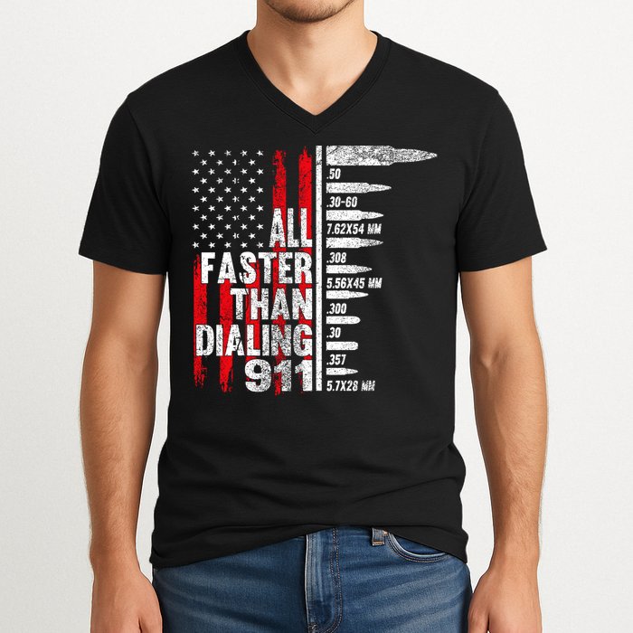 All Faster Than Dialing 911 American Flag V-Neck T-Shirt
