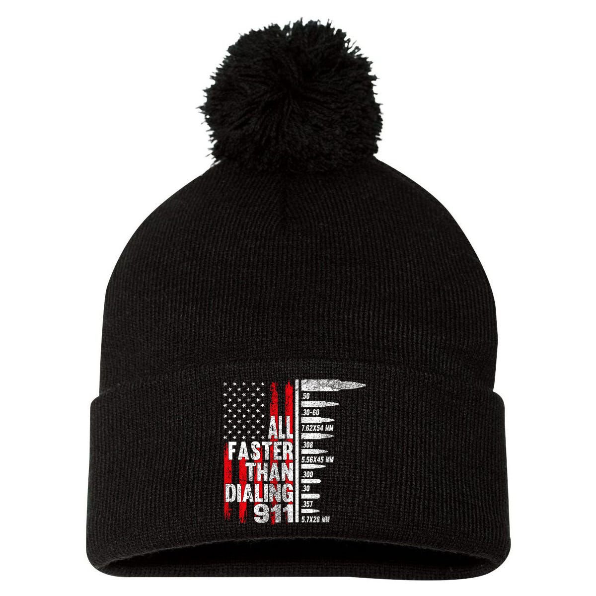 All Faster Than Dialing 911 American Flag Pom Pom 12in Knit Beanie