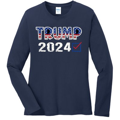 American Flag Trump 2024 Shirt Ladies Long Sleeve Shirt