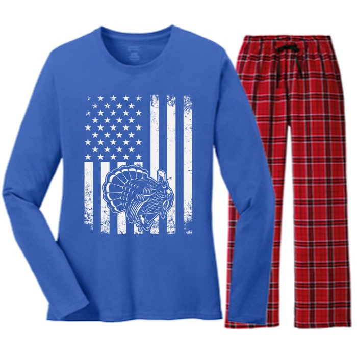 American Flag Turkey Hunting Turkey Hunter Funny Gift Women's Long Sleeve Flannel Pajama Set 