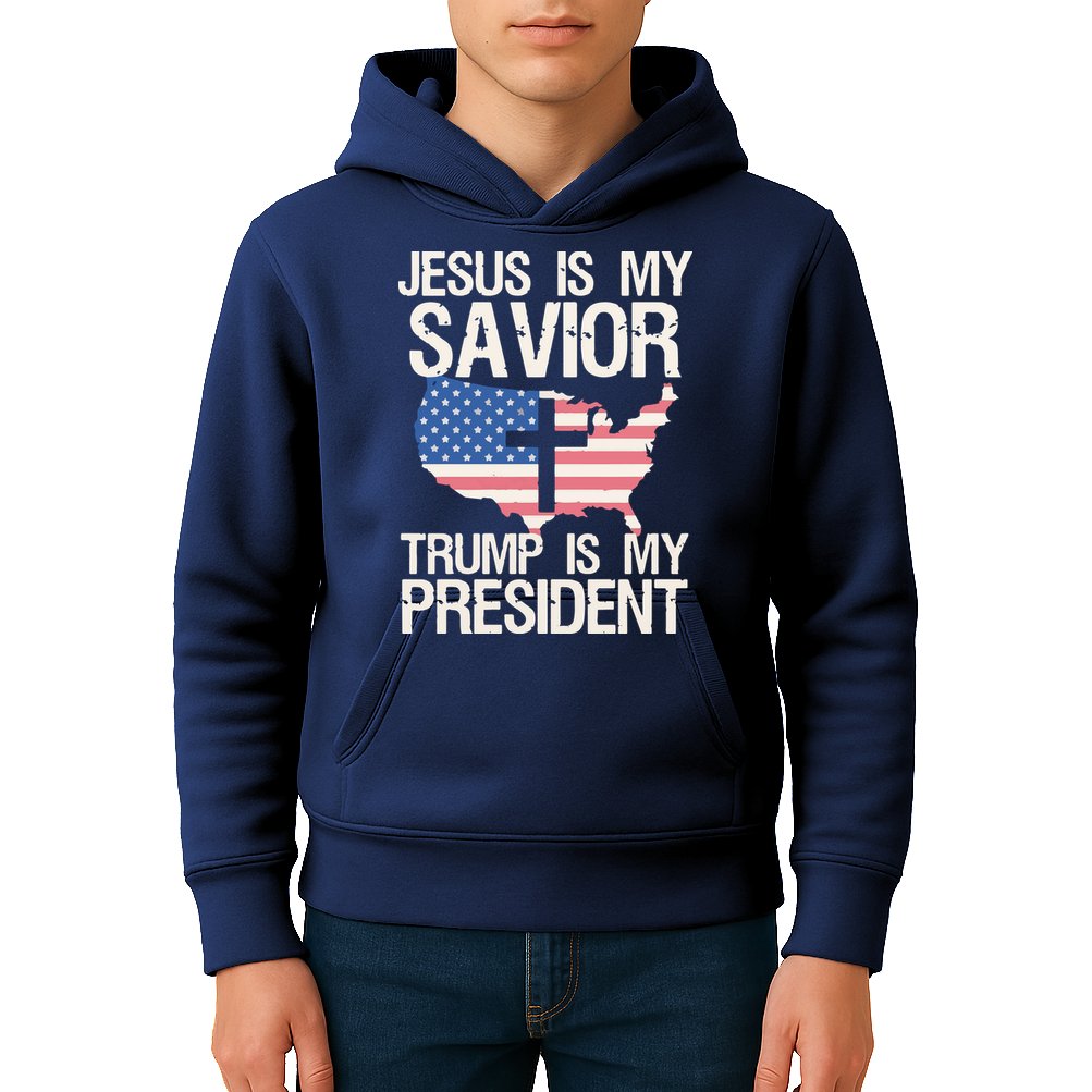 American Flag Tee Jesus Is My Savior Trump Is My President Kids Hoodie
