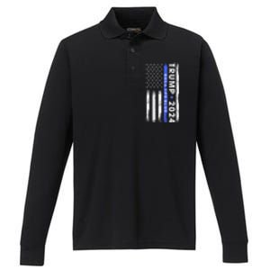 American Flag Trump 2024 Back The Blue Thin Blue Line Gift Performance Long Sleeve Polo