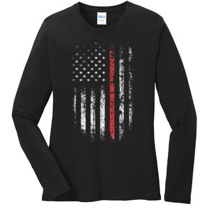 American Flag Thin Red Line Firefighter Support Patriotic Ladies Long Sleeve Shirt