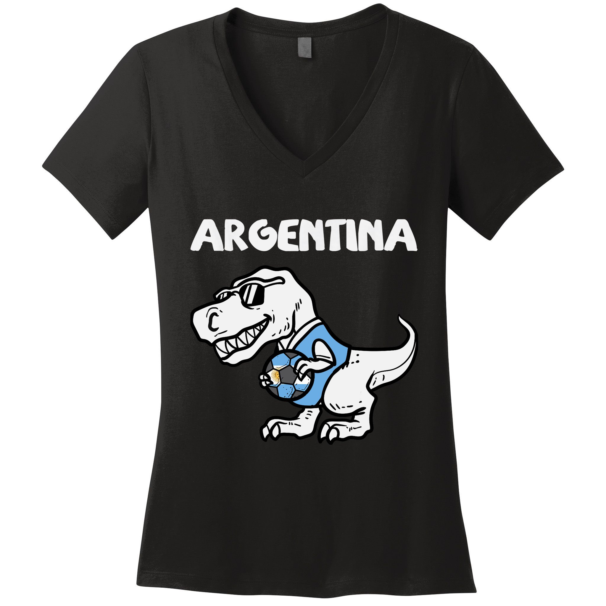 Argentina Flag Trex Dino Soccer Ball Fan Women's V-Neck T-Shirt
