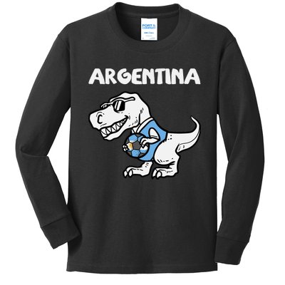 Argentina Flag Trex Dino Soccer Ball Fan Kids Long Sleeve Shirt