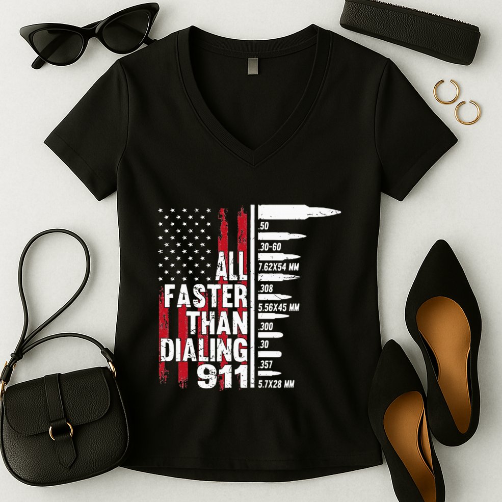 All Faster Than Dialing 911 American Flag Gun Lover Women's V-Neck T-Shirt