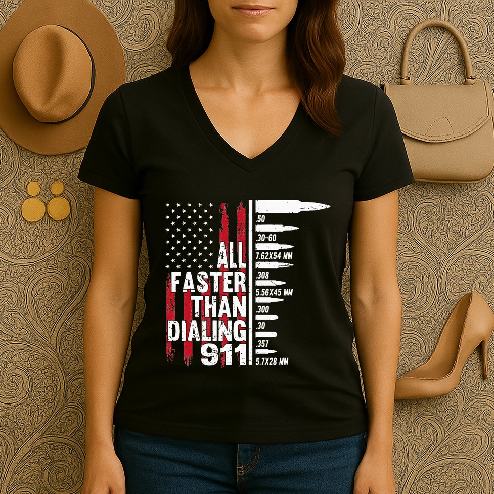 All Faster Than Dialing 911 American Flag Gun Lover Women's V-Neck T-Shirt