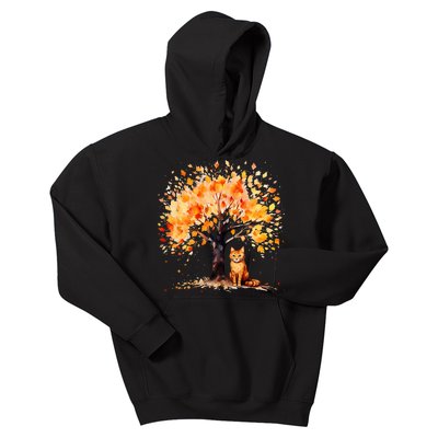 Artistic Fall Tree with Orange Tabby Cat Watercolor Kids Hoodie