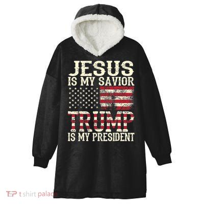 American Flag Tee Jesus Is My Savior Trump Is My President Hooded Wearable Blanket
