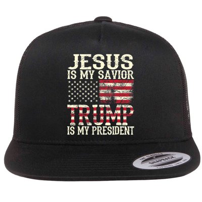 American Flag Tee Jesus Is My Savior Trump Is My President Flatbill Hat