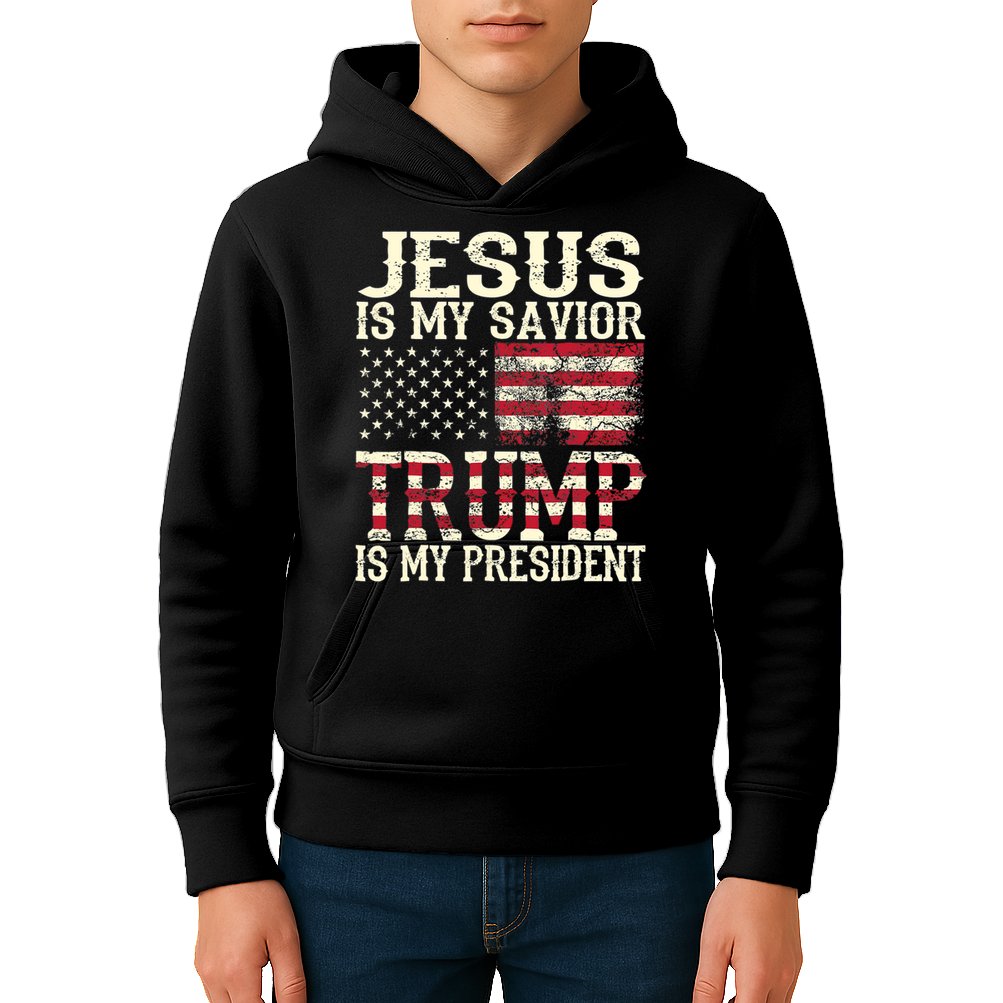 American Flag Tee Jesus Is My Savior Trump Is My President Kids Hoodie