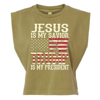 American Flag Tee Jesus Is My Savior Trump Is My President Garment-Dyed Women's Muscle Tee