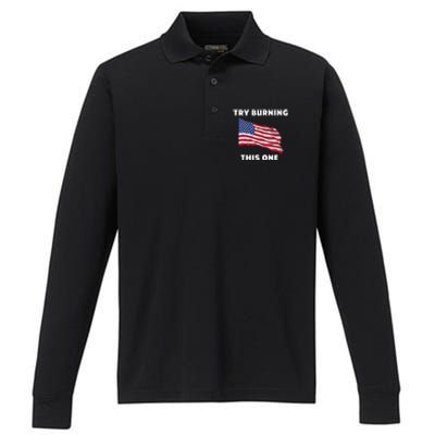 American Flag Try Burning This One Performance Long Sleeve Polo