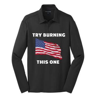 American Flag Try Burning This One Silk Touch Performance Long Sleeve Polo