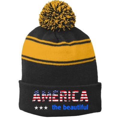 America Flag The Beatiful . Stripe Pom Pom Beanie