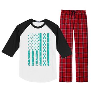 American Flag Teal Ribbon Cool Ovarian Cancer Awareness Gift Raglan Sleeve Pajama Set