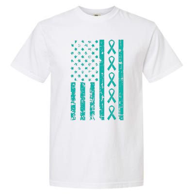 American Flag Teal Ribbon Cool Ovarian Cancer Awareness Gift Garment-Dyed Heavyweight T-Shirt