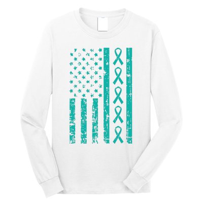 American Flag Teal Ribbon Cool Ovarian Cancer Awareness Gift Long Sleeve Shirt