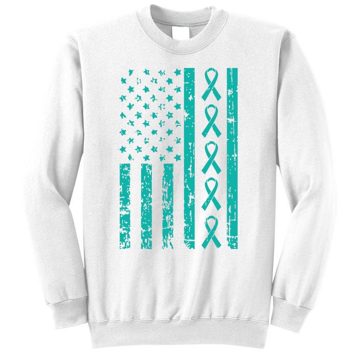 American Flag Teal Ribbon Cool Ovarian Cancer Awareness Gift Sweatshirt