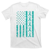 American Flag Teal Ribbon Cool Ovarian Cancer Awareness Gift T-Shirt