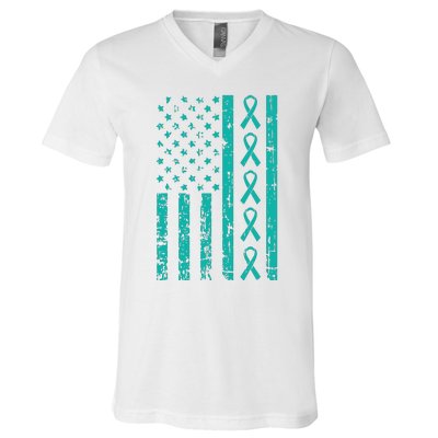 American Flag Teal Ribbon Cool Ovarian Cancer Awareness Gift V-Neck T-Shirt