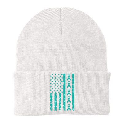 American Flag Teal Ribbon Cool Ovarian Cancer Awareness Gift Knit Cap Winter Beanie