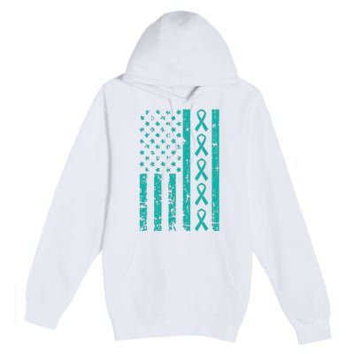 American Flag Teal Ribbon Cool Ovarian Cancer Awareness Gift Premium Pullover Hoodie