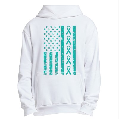 American Flag Teal Ribbon Cool Ovarian Cancer Awareness Gift Urban Pullover Hoodie