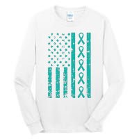 American Flag Teal Ribbon Cool Ovarian Cancer Awareness Gift Tall Long Sleeve T-Shirt