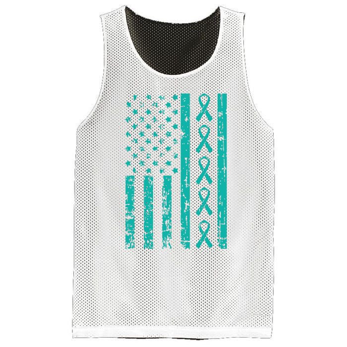 American Flag Teal Ribbon Cool Ovarian Cancer Awareness Gift Mesh Reversible Basketball Jersey Tank