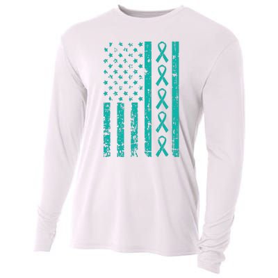 American Flag Teal Ribbon Cool Ovarian Cancer Awareness Gift Cooling Performance Long Sleeve Crew